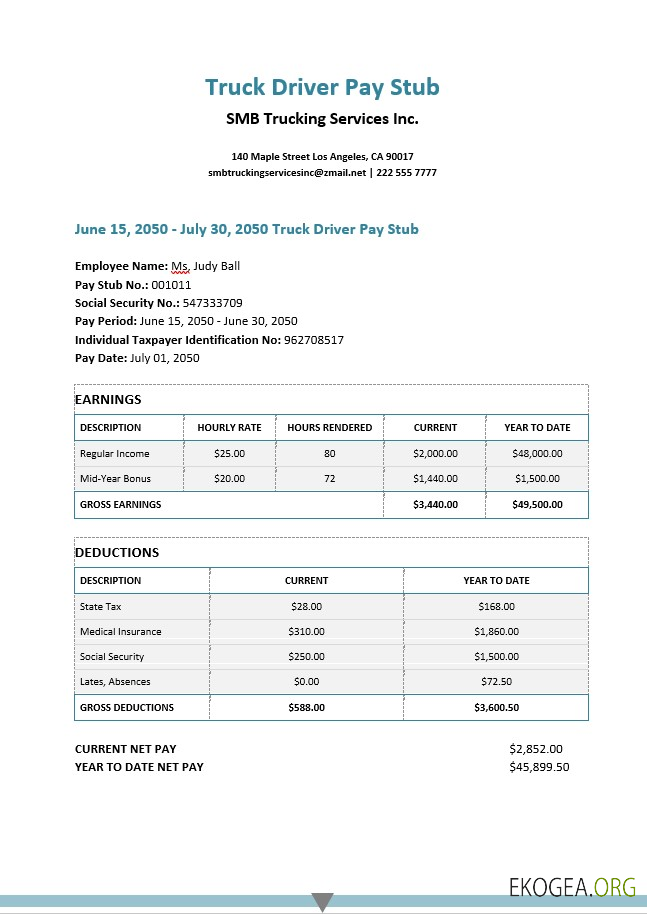 Services de camionnage PME Inc. bulletin de paie aux formats PDF et Word